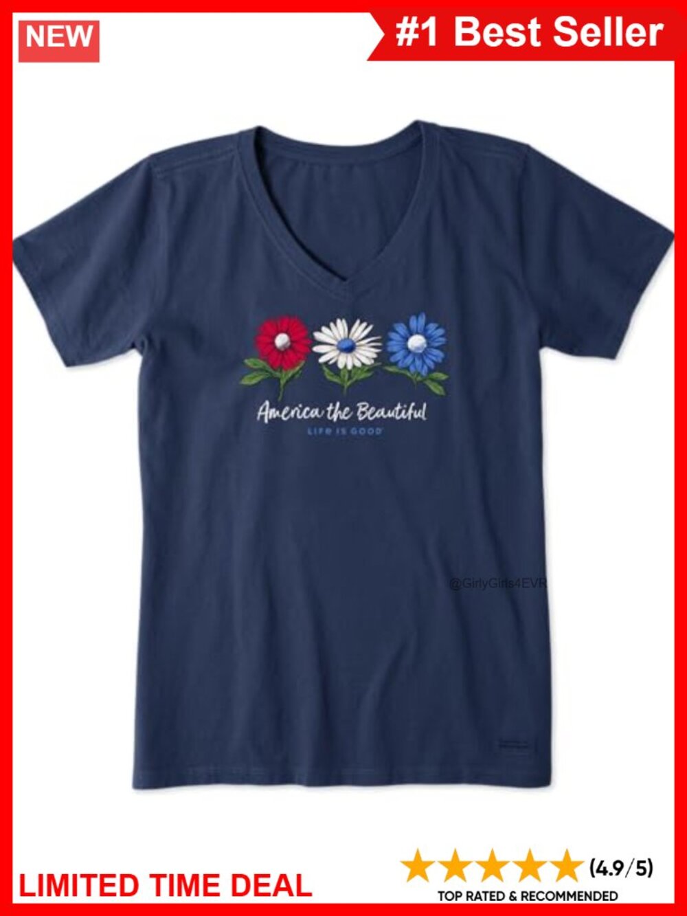 Life is Good Crusher V-Neck Short Sleeve Tee Floral Patriotic Casual